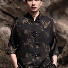 新中式復古 盤扣竹葉印花短袖襯衫