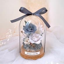 永生花玻璃盅-復古灰藍 l 不凋花玻璃盅 日本玫瑰 情人節禮物
