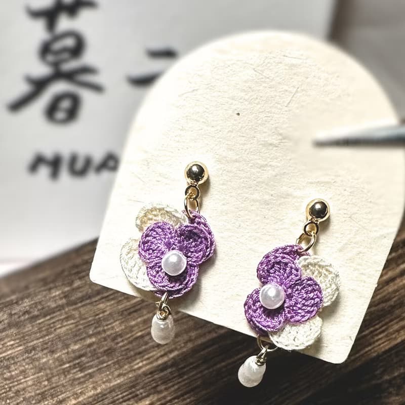 【原創手作】晨霧紫鈴花 耳針 耳夾 幸運耳環 鉤針 微鉤 花朵 花