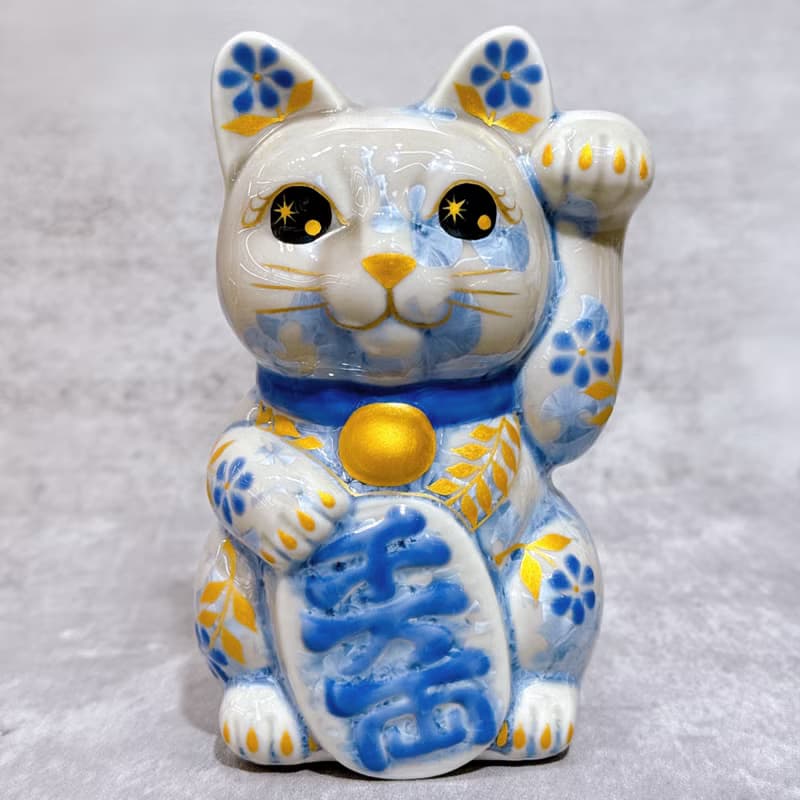 【藤韻聚寶】日本清水燒招財貓 |花結晶 銀藤 - 体花 千万両 左