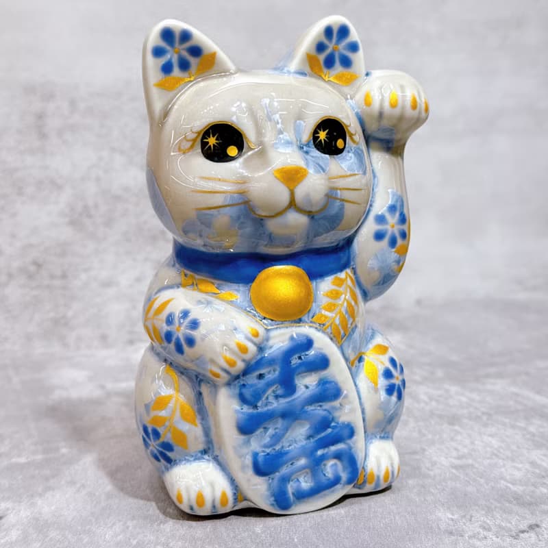 【藤韻聚寶】日本清水燒招財貓 |花結晶 銀藤 - 体花 千万両 左