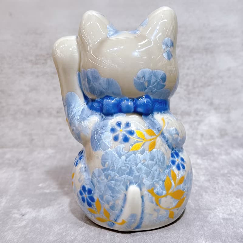 【藤韻聚寶】日本清水燒招財貓 |花結晶 銀藤 - 体花 千万両 左