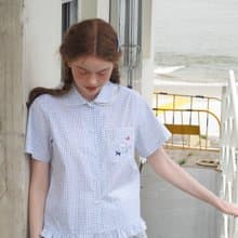 odd maker鏤空刺繡海豚層次感雙層領短袖襯衫女森系彼得潘領上衣