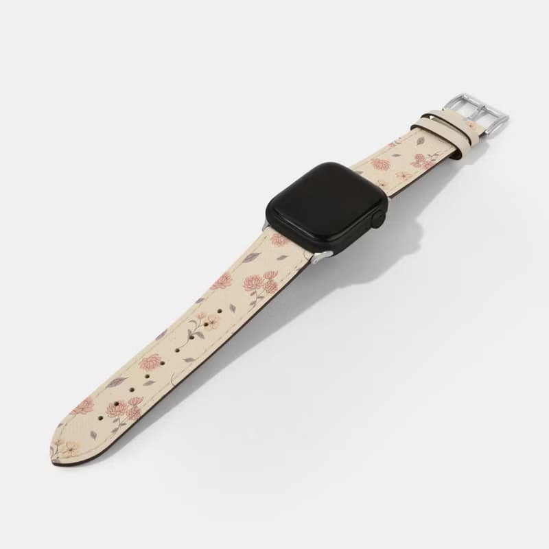 粉紅色花朵印花米色蘋果錶帶 Apple Watch 4/5/6/7/8/9/SE/Ultra