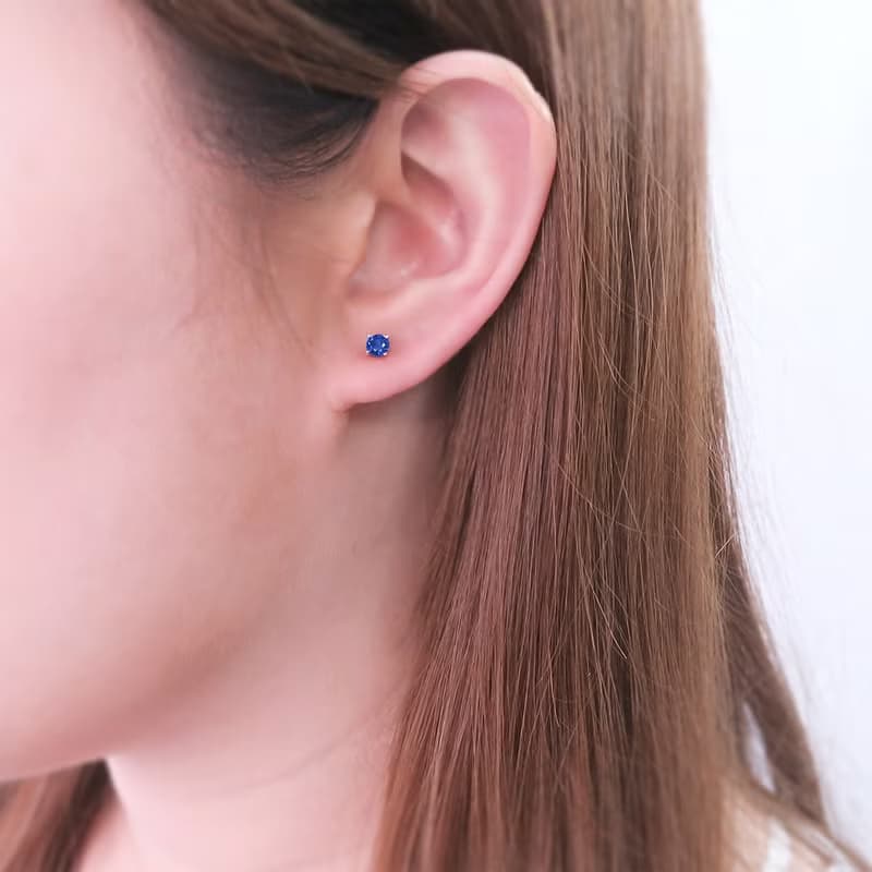 深海藍 圓形純銀 4mm 單鑽耳環 爪鑲 925純銀 女生耳環 男生耳環