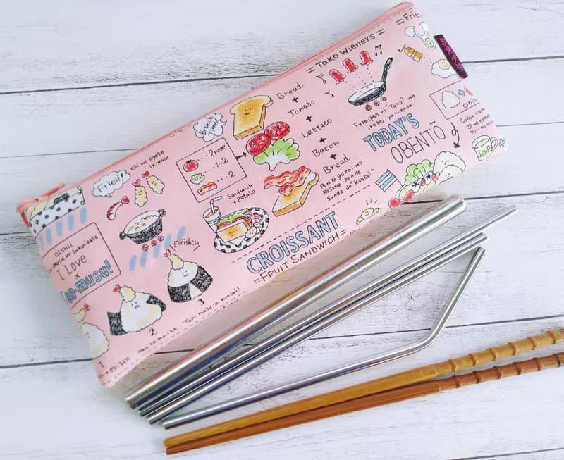 粉色營養早餐 日本棉麻布 加大版 舖棉餐具袋 玻璃吸管 文具筆袋