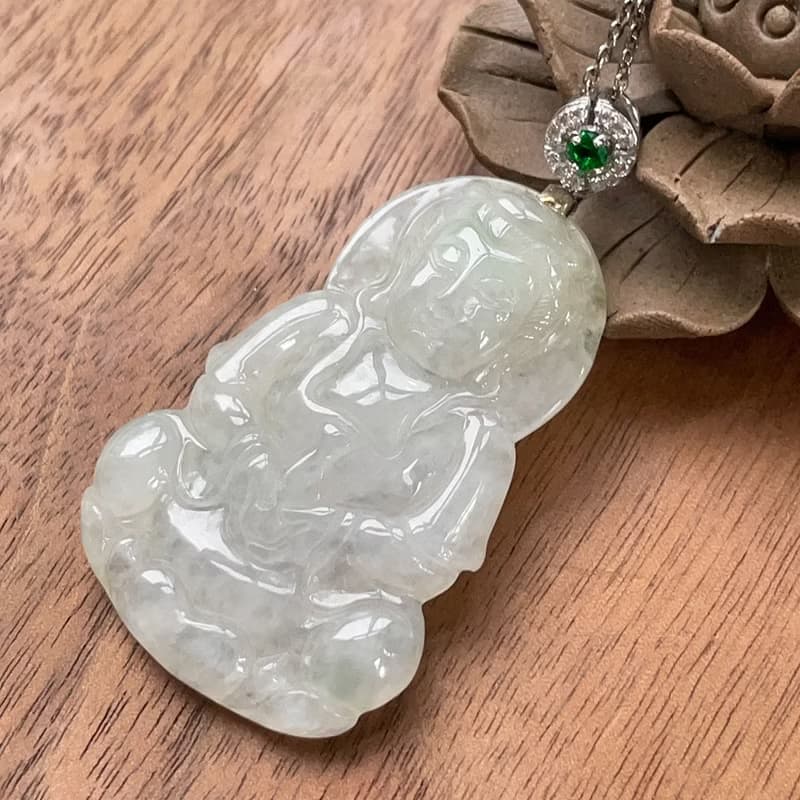 冰種飄花翡翠觀音菩薩項鍊 925純銀墜頭 | 天然緬甸玉翡翠A貨