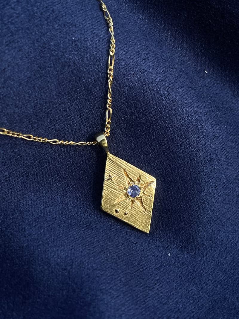 日月星辰-Aster金色 原創設計金工項鍊 純銀鍍金 丹泉石 八角星