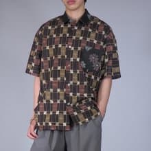 【日本製造】復古絲綢和服翻拍、男士襯衫 L、半袖襯衫