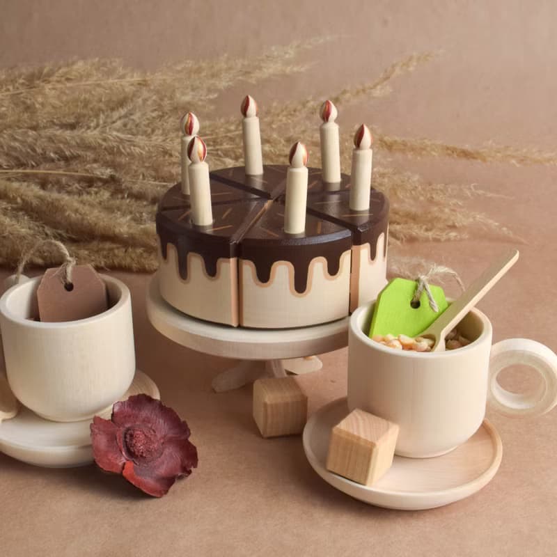 Wooden Tea Set with Cake with Candles for Wooden Play Kitchen Toy for Toddler