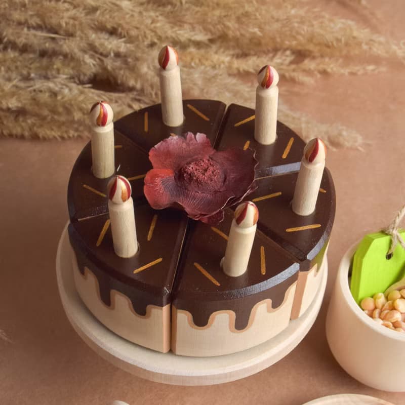 Wooden Tea Set with Cake with Candles for Wooden Play Kitchen Toy for Toddler