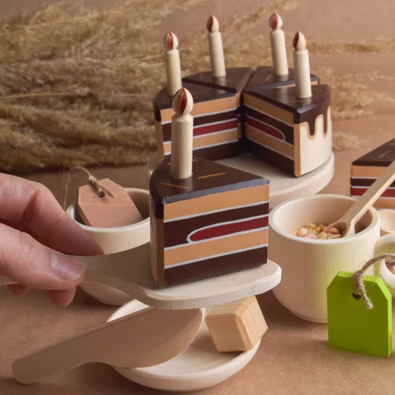 Wooden Tea Set with Cake with Candles for Wooden Play Kitchen Toy for Toddler