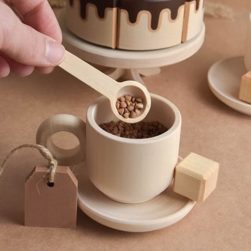Wooden Tea Set with Cake with Candles for Wooden Play Kitchen Toy for Toddler