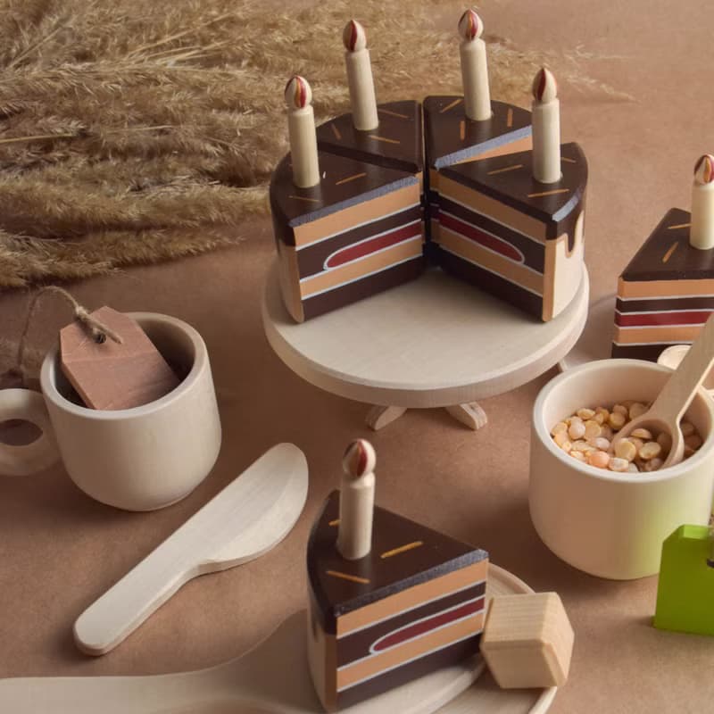 Wooden Tea Set with Cake with Candles for Wooden Play Kitchen Toy for Toddler