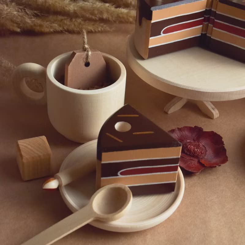 Wooden Tea Set with Cake with Candles for Wooden Play Kitchen Toy for Toddler