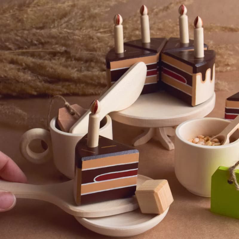 Wooden Tea Set with Cake with Candles for Wooden Play Kitchen Toy for Toddler