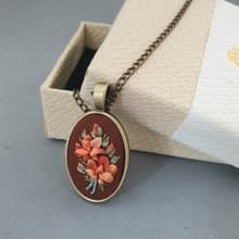 Ribbon embroidered pendant floral orange bouquet, red embroidery jewelry