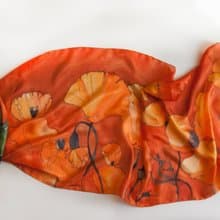 Orange Poppies scarf painted/ Bright tangerine scarf/ Handpainted silk/