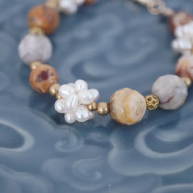 【麻荖】淡水珍珠狂紋瑪瑙黃銅手鍊(尺寸可訂製)