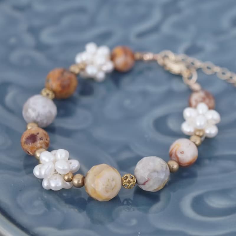 【麻荖】淡水珍珠狂紋瑪瑙黃銅手鍊(尺寸可訂製)