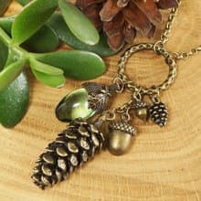 Clear Mint Green Glass Acorn Bronze Pine Cone Forest Woodland Necklace Jewelry