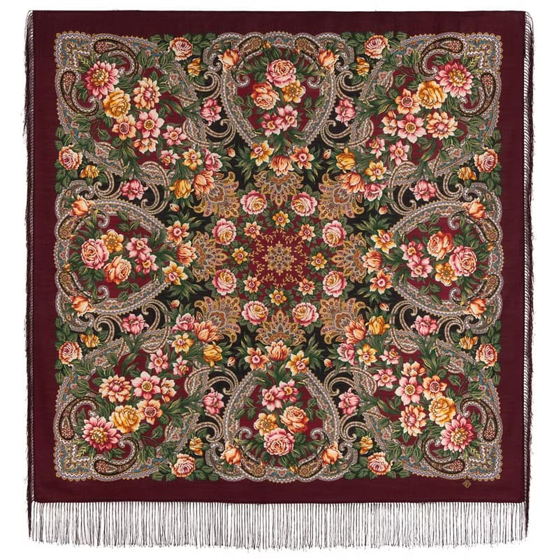 Pavlovo Posad Russian Shawl 100% Wool Scarf 125x125 cm Wrap Silk Fringe 1835-6
