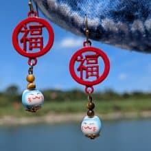 虎眼石招財貓垂墜耳環