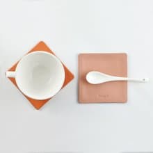 簡約方形杯墊 雙面材質 PU皮革+帆布 紅橙色系