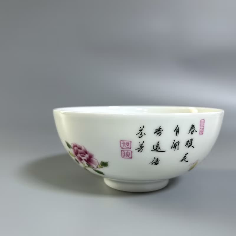 清 雍正 琺瑯彩花鳥題詩紋碗