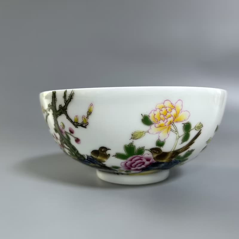 清 雍正 琺瑯彩花鳥題詩紋碗