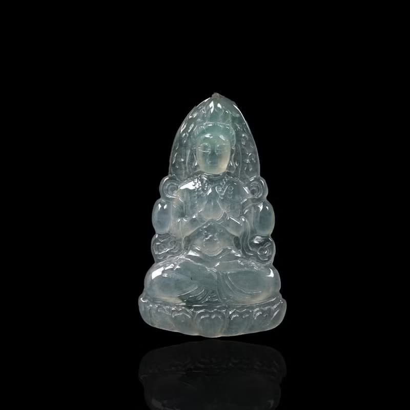 冰種飄綠花翡翠精雕合掌觀音菩薩 | 天然緬甸玉翡翠A貨 | 送禮