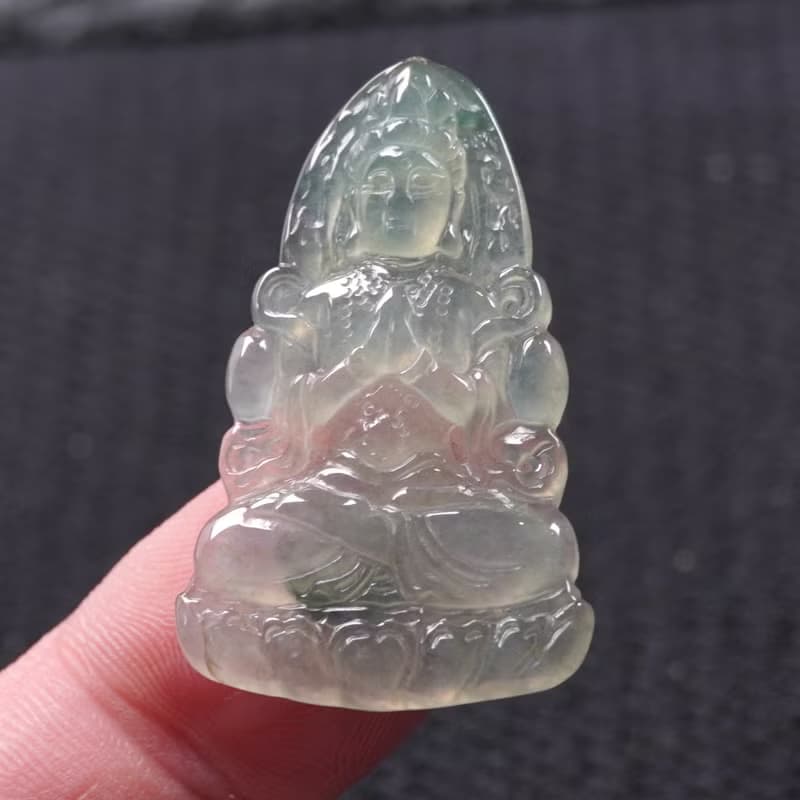 冰種飄綠花翡翠精雕合掌觀音菩薩 | 天然緬甸玉翡翠A貨 | 送禮
