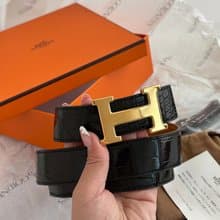 中古品 Hermes 愛馬仕 金扣鱷魚皮 Constance H 腰帶