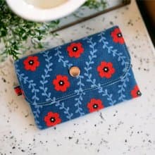 手作三層零錢包。藤蔓花。深藍