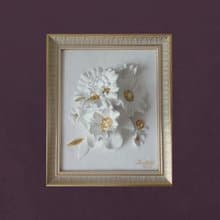 帶框 3D 牆壁藝術 白色和金色藝術品 3D 花朵裝飾牆板