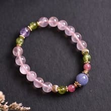 粉晶+橄欖石+丹泉石+桃紅碧璽+薰衣草紫水晶鍍金手鍊