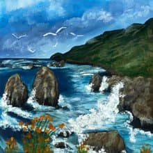 Seascape. Rocky coast. Gouache.