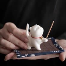 【送招財貓手繩】陶瓷祈福小貓香插+花調天然線香立插座 聖誕禮物