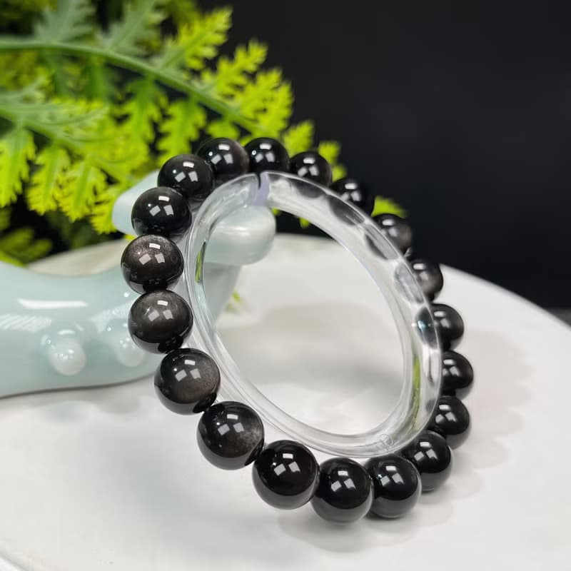 高品質天然銀曜石手串9.5mm顆顆帶眼銀色黑曜石手錬女款耀眼靈動