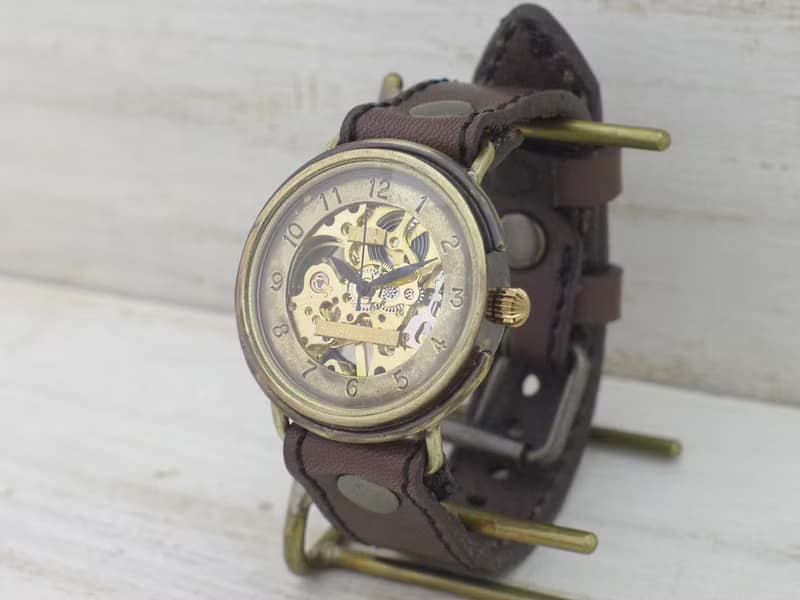 手作り腕時計 BHW059 手巻きBrass36mm アラビア数字 ミシンステッチベルト