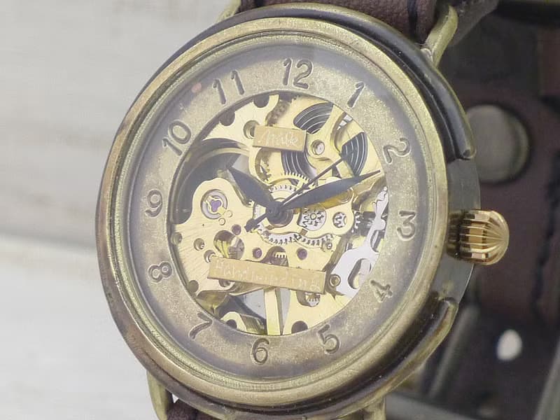 手作り腕時計 BHW059 手巻きBrass36mm アラビア数字 ミシンステッチベルト