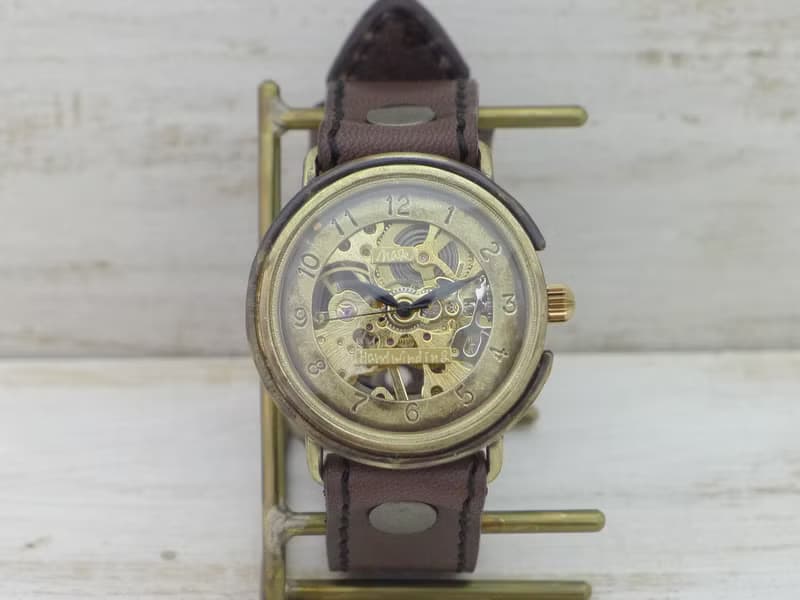 手作り腕時計 BHW059 手巻きBrass36mm アラビア数字 ミシンステッチベルト