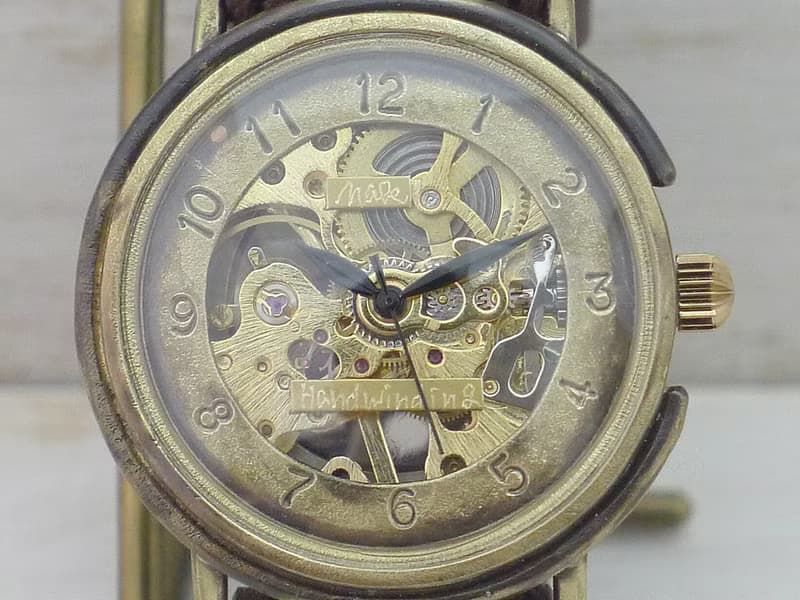 手作り腕時計 BHW059 手巻きBrass36mm アラビア数字 ミシンステッチベルト