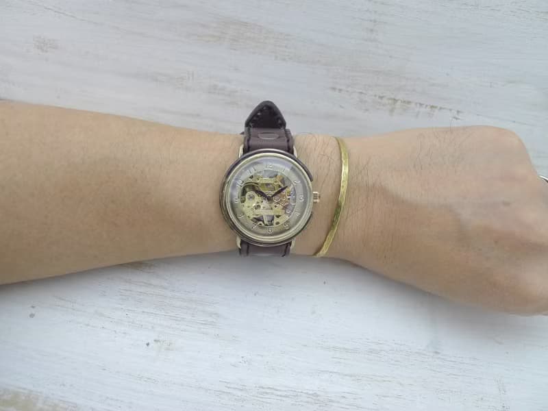 手作り腕時計 BHW059 手巻きBrass36mm アラビア数字 ミシンステッチベルト