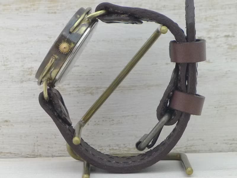 手作り腕時計 BHW059 手巻きBrass36mm アラビア数字 ミシンステッチベルト