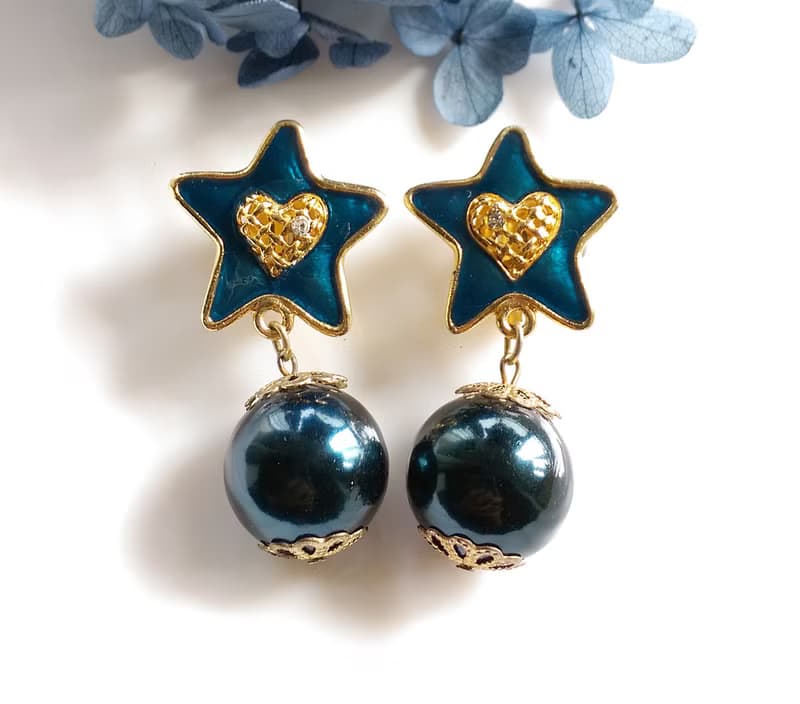 Vintage Jewelry 西洋古董飾品 藍星星 垂墜 夾式耳環
