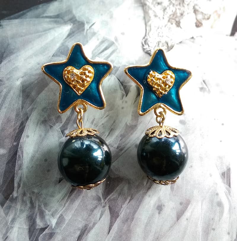 Vintage Jewelry 西洋古董飾品 藍星星 垂墜 夾式耳環