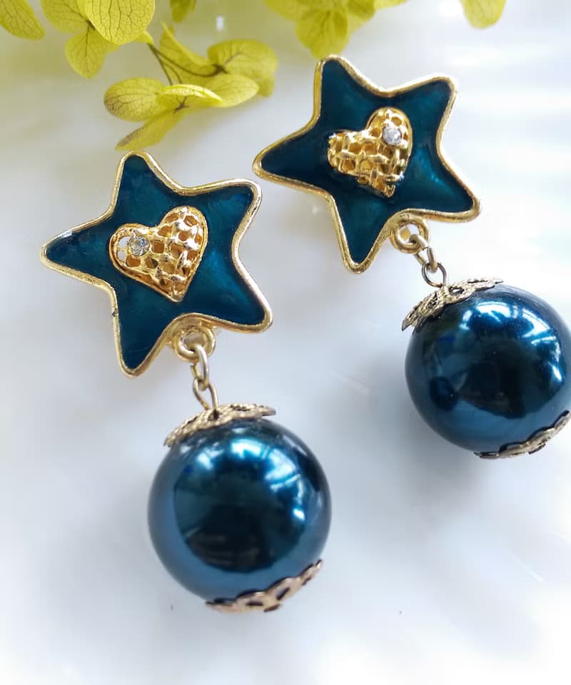 Vintage Jewelry 西洋古董飾品 藍星星 垂墜 夾式耳環