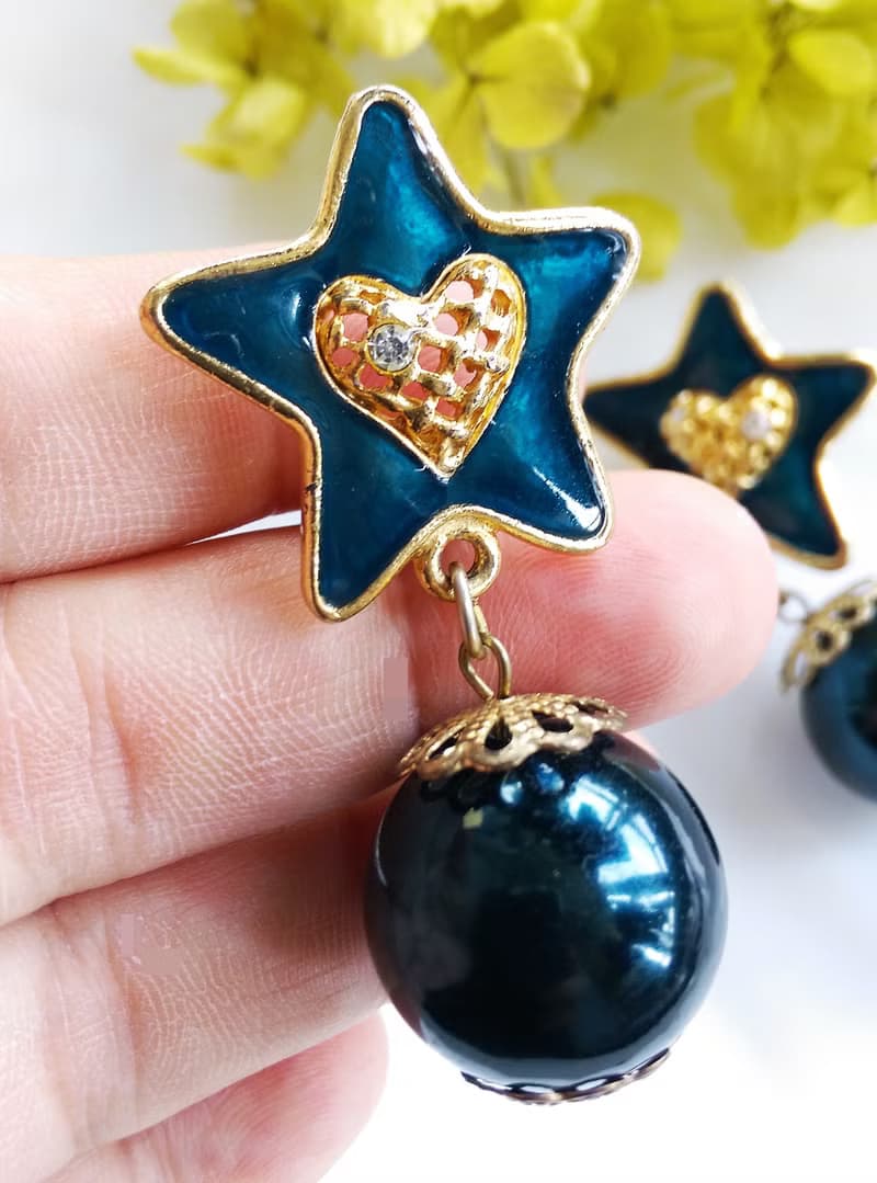 Vintage Jewelry 西洋古董飾品 藍星星 垂墜 夾式耳環