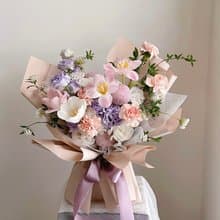 【鮮花】淡雅粉紫色康乃馨鬱金香鮮花花束